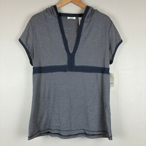 NWT Liz & Co Womens XL Navy White Hooded‎ V Neck Cotton Top Coastal Casual